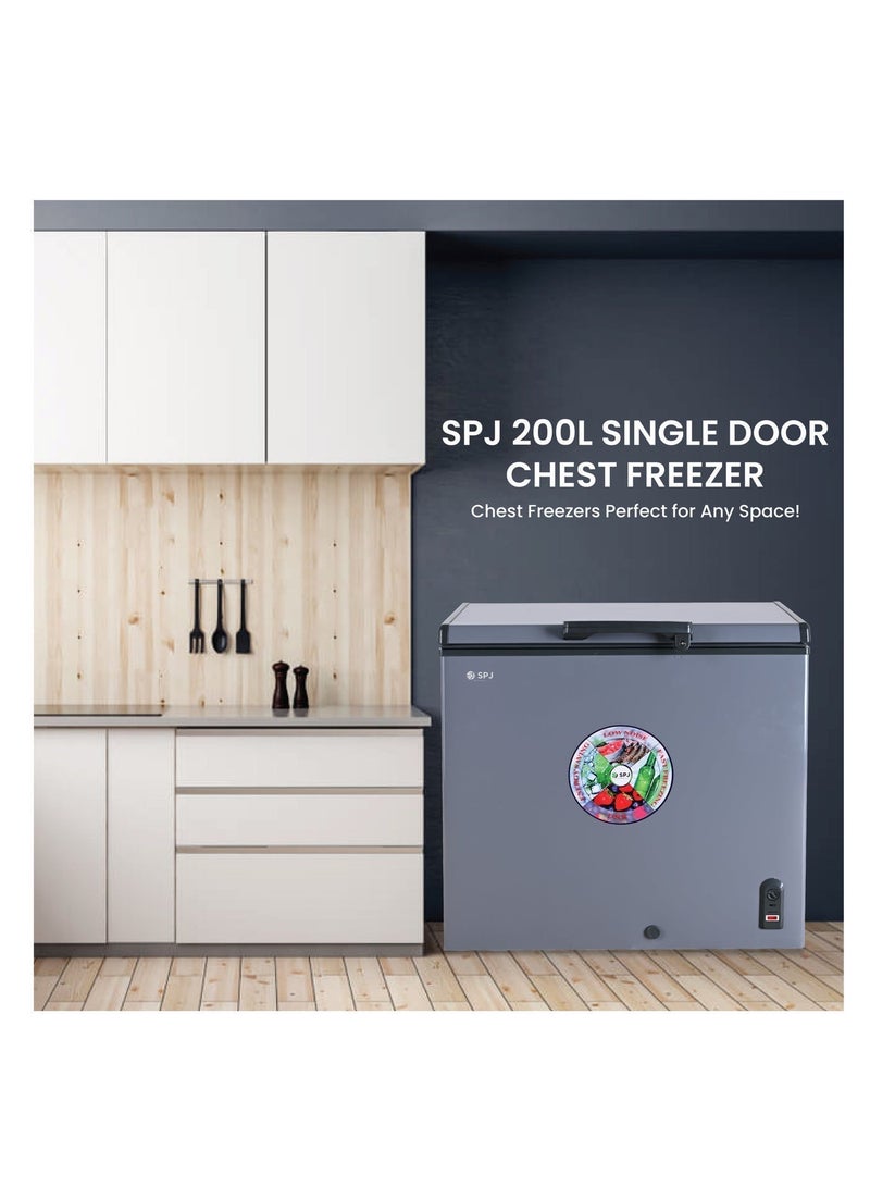 SPJ 200L Chest Freezer, Hard Top Single Door, Energy Saving R600a Compressor, Low Noise, LED Light, Child Lock – Grey - Image 4